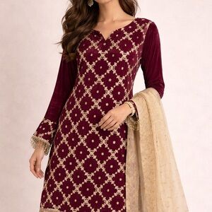 Elegant Maroon and Gold Women's Dress